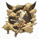 Heavenly clouds surrounding a runner (track suit with Christian as the name on back) running on a track toward a cross w tattoo design idea