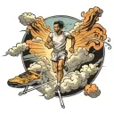 Heavenly clouds surrounding a runner (track suit with Christian as the name on back) running on a track toward a cross w tattoo design idea