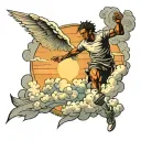 Heavenly clouds surrounding a runner (track suit with Christian as the name on back) running on a track toward a cross w tattoo design idea