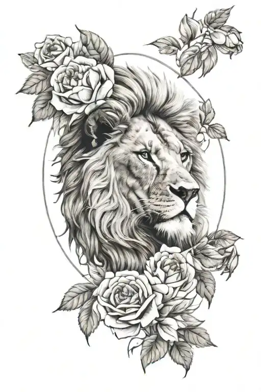 A majestic lion's head at the center, surrounded by several delicate flowers like roses, peonies  tattoo design idea
