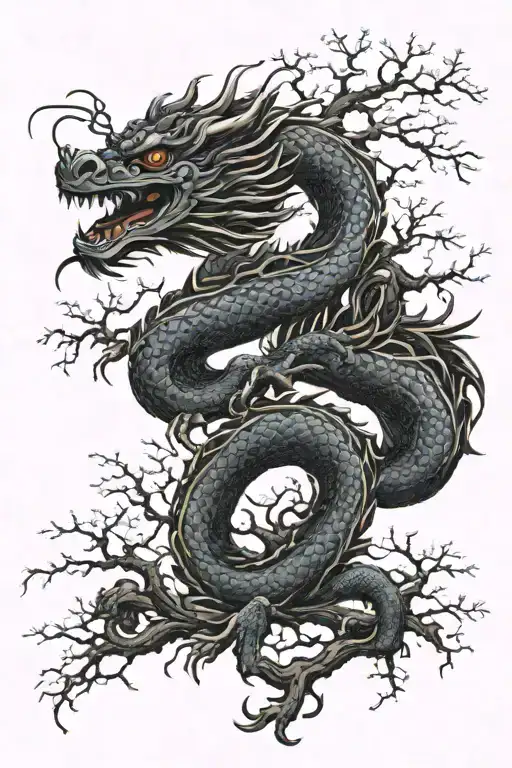 Japanese dragon with tree tattoo design idea