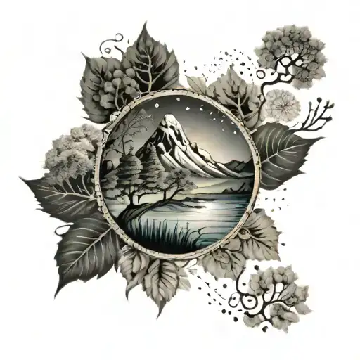 An intricate mandala design incorporating elements of nature like trees, mountains, and oceans, reflecting the client's love for life and nature tattoo design idea