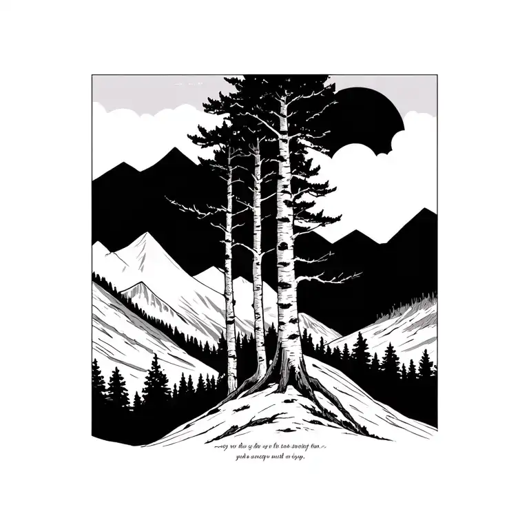 birch trees with mountains in the background with words in tiny print at the base  tattoo design idea