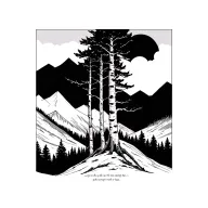 birch trees with mountains in the background with words in tiny print at the base  tattoo design idea