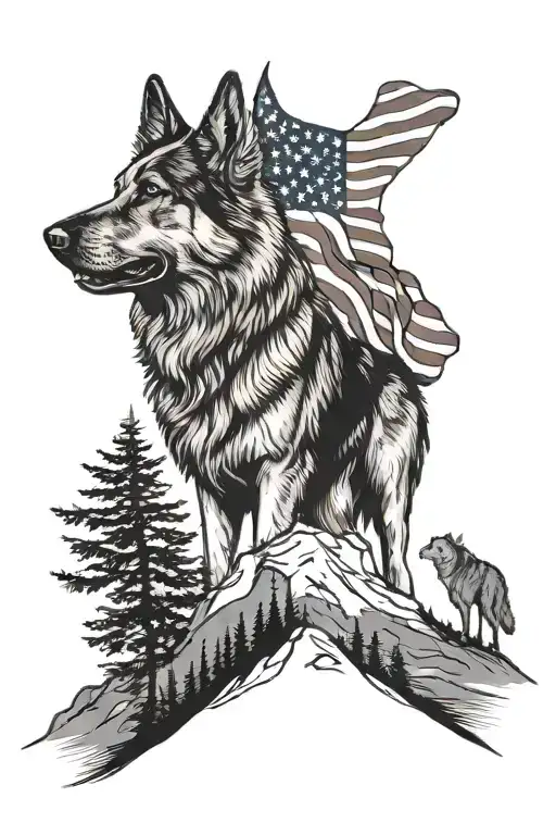 A silhouette of a german shepherd and a border collie standing together on a mountain peak with the American flag waving in the background tattoo design idea