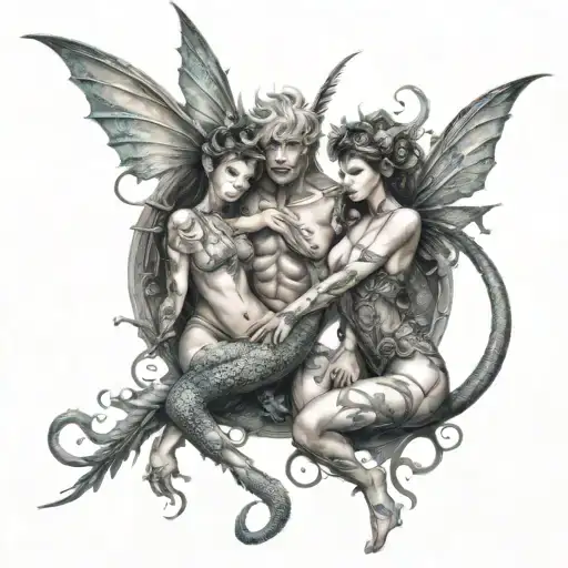 sexy fairies with dragons intertwined tattoo design idea