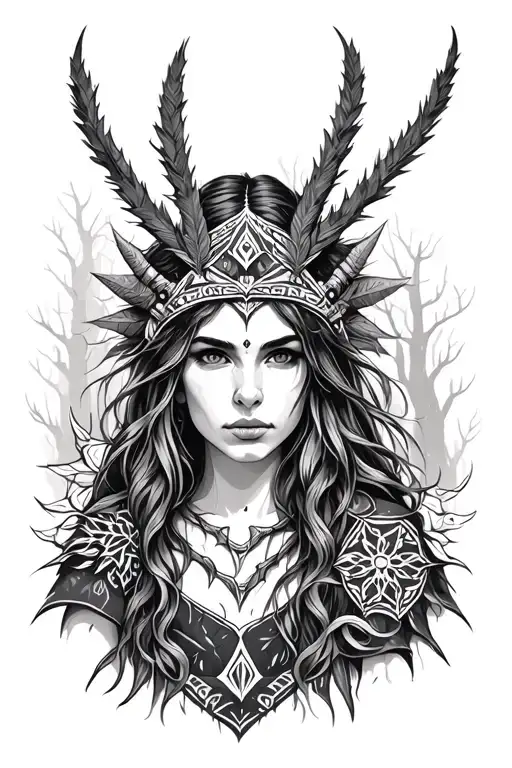 female nordic shaman forest scene tattoo design idea