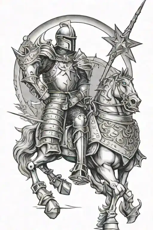 A knight guarding a castle wearing a suit of armor that has a moon and two stars tattoo design idea