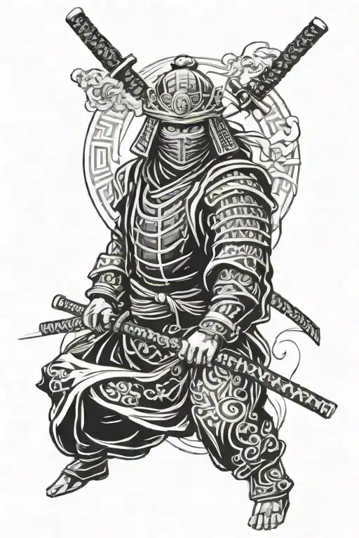 Tattoo on the hand. Sleeve. A masked samurai holds a katana in his hands. Underneath it is a woman of Japanese appearanc tattoo design idea