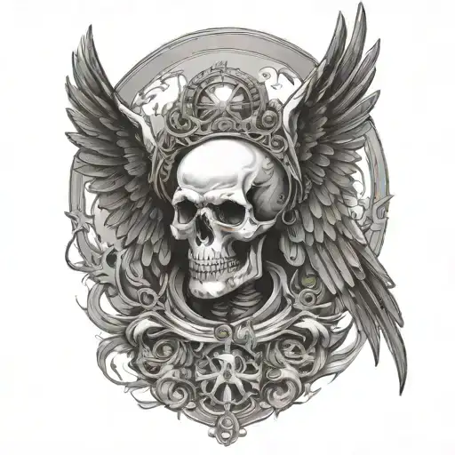 The skeleton has two wings. A heavenly and angelic wing, and a hellish and evil wing. Dark and evil halo on the head tattoo design idea
