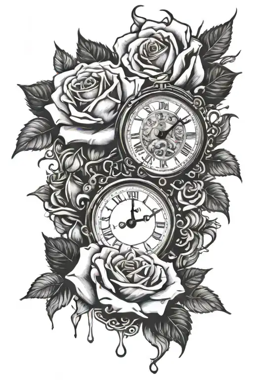 roses with a clock melting tattoo design idea