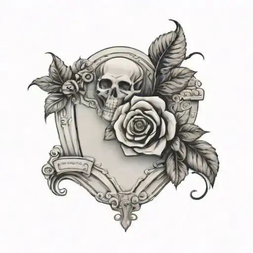 gravestone with red roses wrapped around it with the leaves as death dates of loved ones tattoo design idea