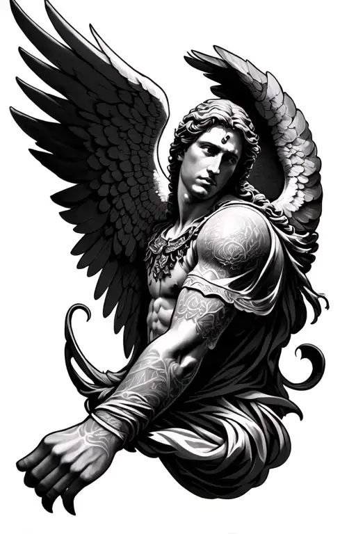left arm sleeve wing to archangel michael tattoo design idea