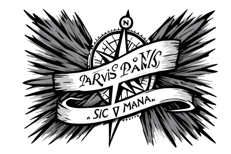 Small black and gray tattoo design featuring a minimal compass icon above the Latin quote "Sic Parvis Magna", clean seri tattoo design idea