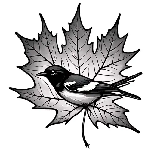 maple leaf wrapped around a mockingbird dainty. Sketchy tattoo design idea