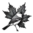 maple leaf wrapped around a mockingbird dainty. Sketchy tattoo design idea