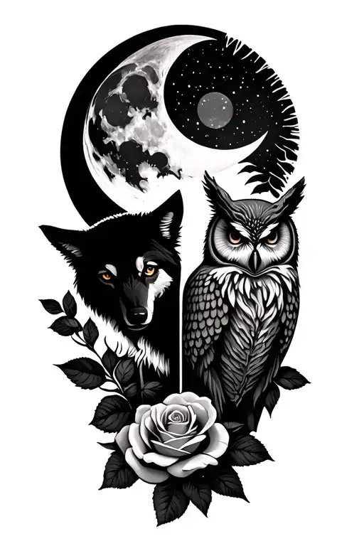 5 images, equal in size merged into a half sleve. wolf, moon, owl, sun, rose tattoo design idea