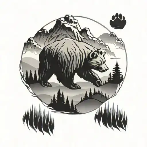 mountains, bear paw print tattoo design idea