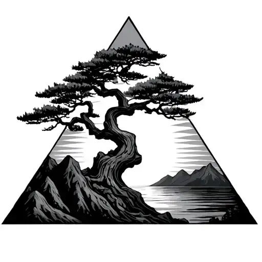 mountains with bonsai tree in the sunset in a triangle tattoo design idea