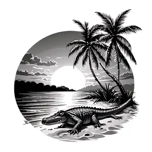 Alligator next to palm trees on a beach sunset tattoo design idea