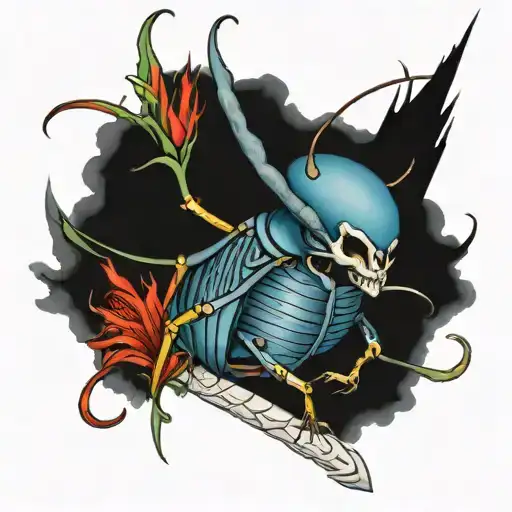  ouroborous blue scarab 9 of swords, the tower, red spider lilies, grim reaper tattoo design idea