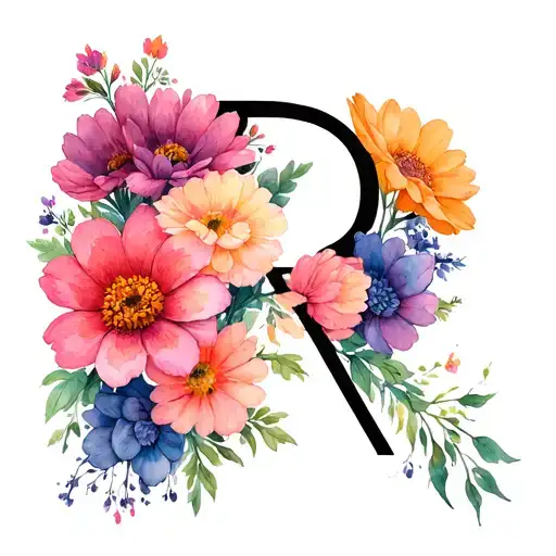 A large cluster of a dozen blooming flowers, whose lines allow an R to be hidden amongst the lines of the center flowers tattoo design idea