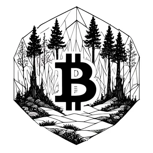 A forest scene with a hidden bitcoin symbol among the trees tattoo design idea
