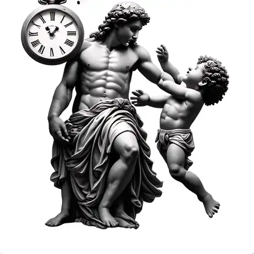 Analog clock and Greek god and child with ball in hand tattoo design idea