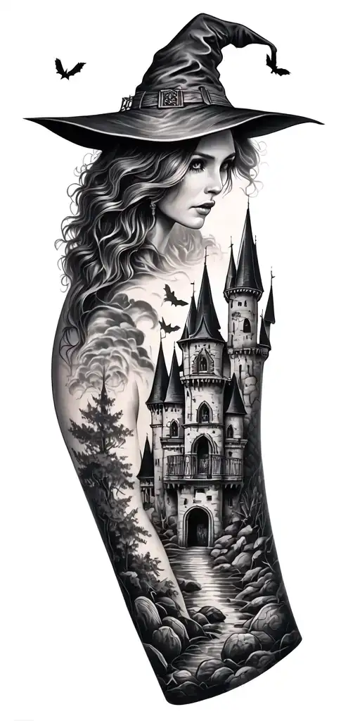 tattoo with a witch, forest, castle, all outside the arm tattoo design idea