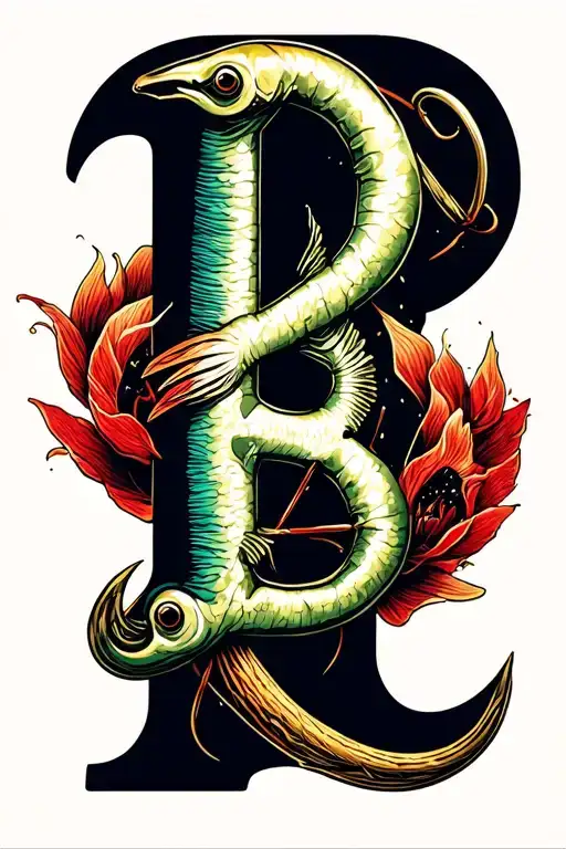 fish hook inside forearm with fishline thread in the shape of the letter "B" tattoo design idea