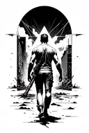 An lean warrior walking through urban destructive chaos geometric background towards a better future. Seen from behind tattoo design idea