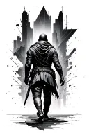 An lean warrior walking through urban destructive chaos geometric background towards a better future. Seen from behind tattoo design idea