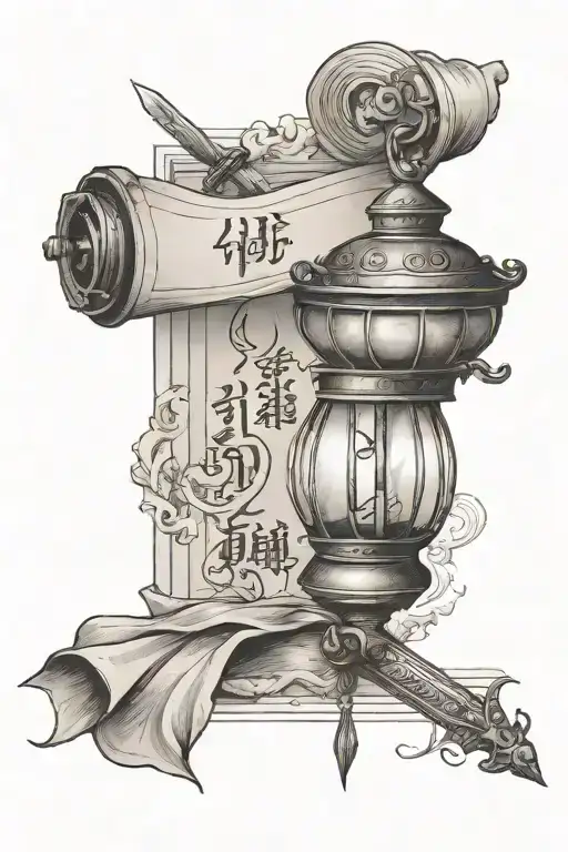 tattoo sketch with an esoteric chinese prism-shaped lantern, a parchment scroll, a ribbon with an inscription, a sword tattoo design idea