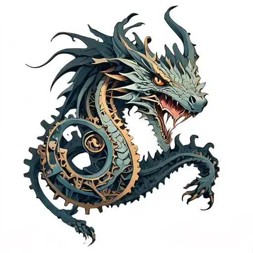 An intricate mechanical dragon intertwined with gears and pistons tattoo design idea