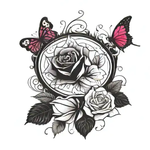 a Black and White Rugby ball with Gold Rose Roses and an ombré of magenta and Raspberry color to a dark red butterflies. tattoo design idea