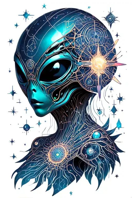 an alien's soul brilliance in the cosmos is revealing secrets from a cluster of stars tattoo design idea