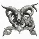 upper back tattoo two sideprofile ram horns and head facing left and right with north star in the middle tattoo design idea