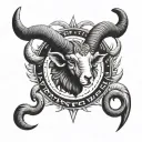 upper back tattoo two sideprofile ram horns and head facing left and right with north star in the middle tattoo design idea