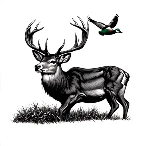whitetail deer with flying wood duck in wooded landscape tattoo design idea