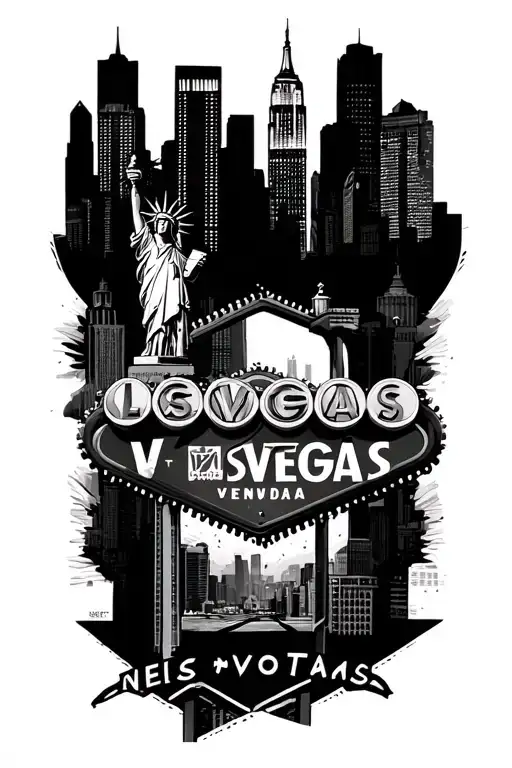 Las Vegas sign, New York City skyline, empire state building, Statue of Liberty, st Louis, gateway arch,  Nashville, cou tattoo design idea
