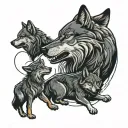 wolf with 2 cubs full moon rising howling angry tattoo design idea