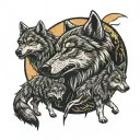 wolf with 2 cubs full moon rising howling angry tattoo design idea
