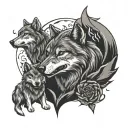 wolf with 2 cubs full moon rising howling angry tattoo design idea