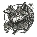 wolf with 2 cubs full moon rising howling angry tattoo design idea