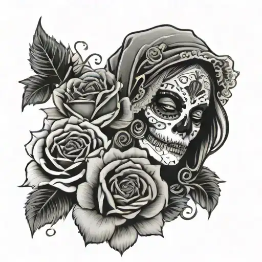 Santa Muerte with Tiger Face and Roses tattoo design idea