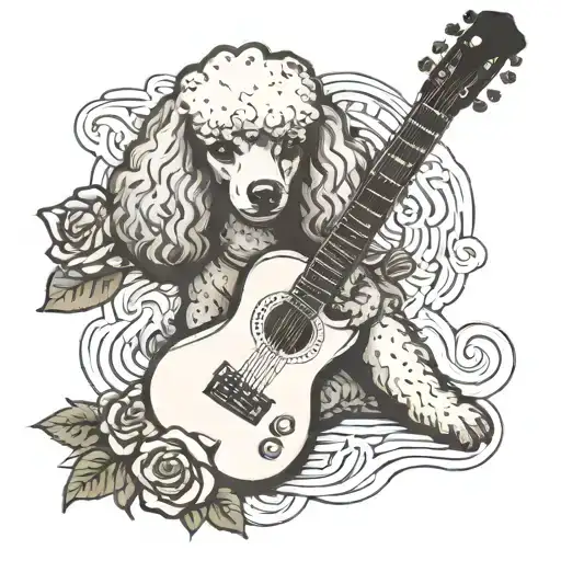poodle and guitar with roses  tattoo design idea