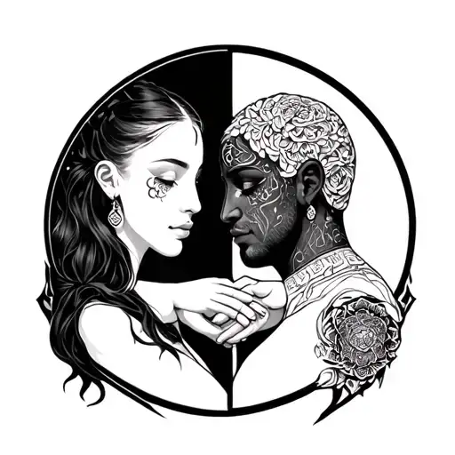astrological cancer and gemini couple holding hands tattoo design idea
