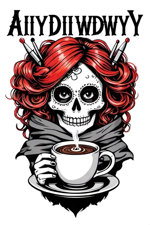 "AIYDIWDWY" "AIYDIWDWY" sugar skull with red hair with crochet hooks, wearing a hair scarf holding a steaming coffee tattoo design idea