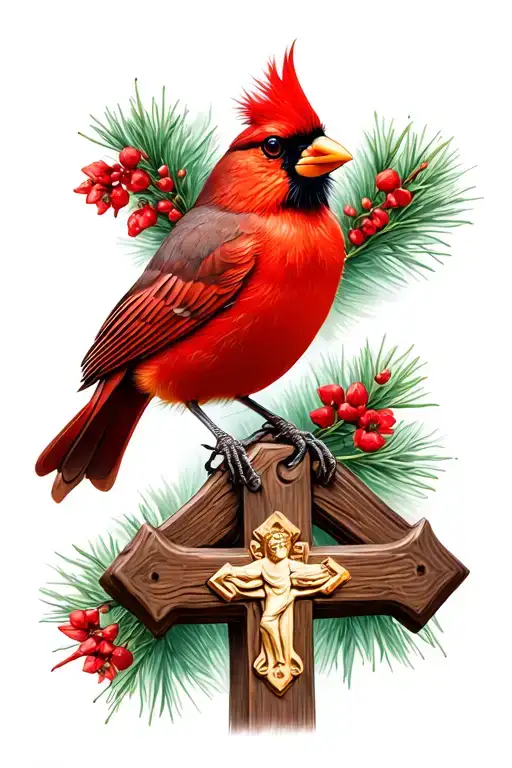 american cardinal perched on a chritian cross tattoo design idea