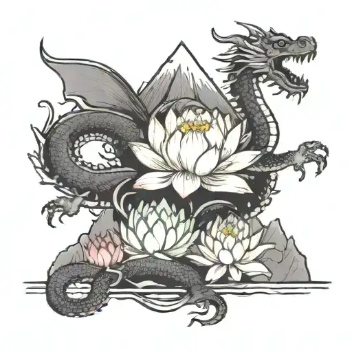 A lotus flower blooming at the peak of a mountain, with a dragon coiled around it tattoo design idea